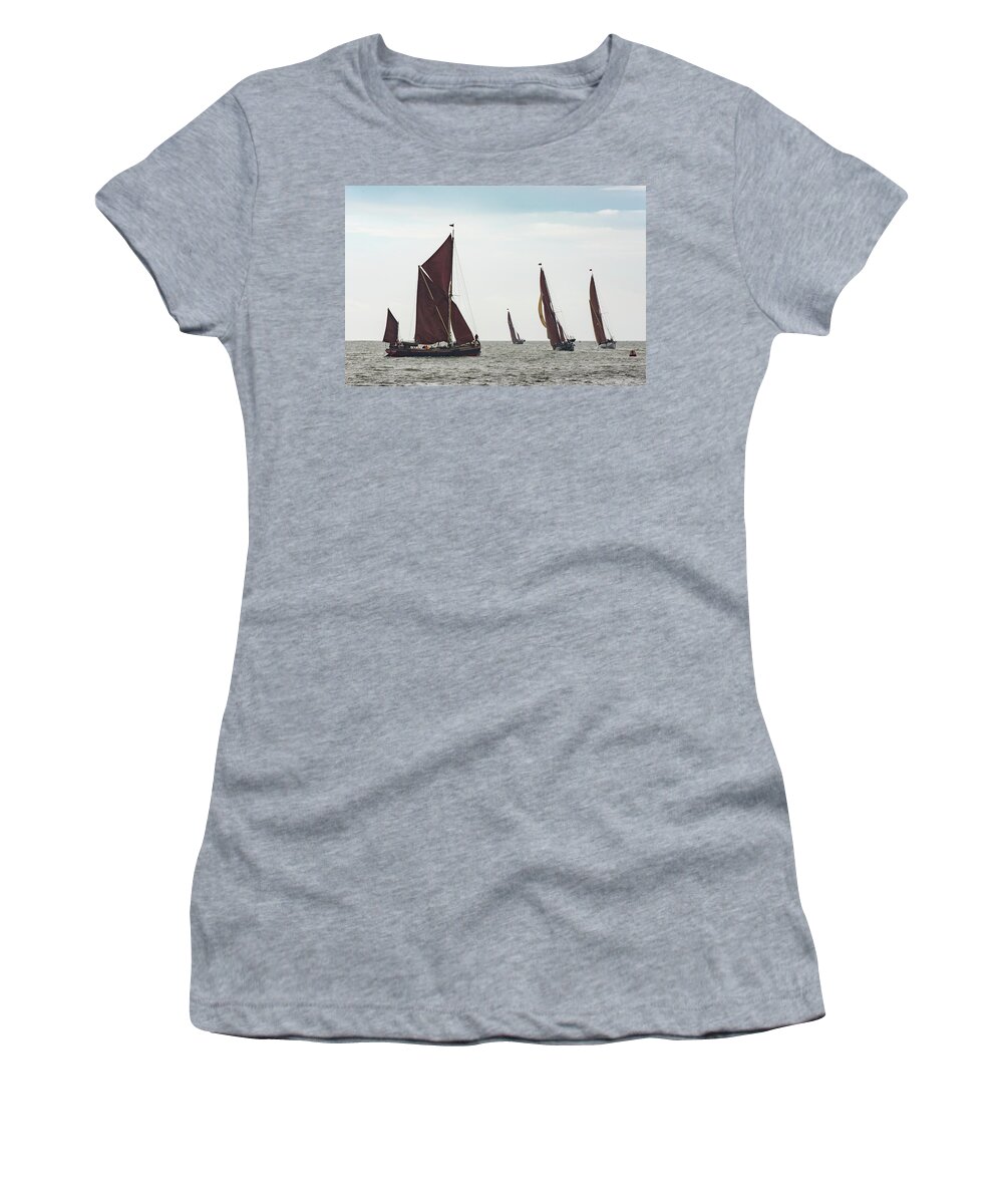 Thames Sailing Barges Women's T-Shirt featuring the photograph Thames sailing barges tacking by Gary Eason