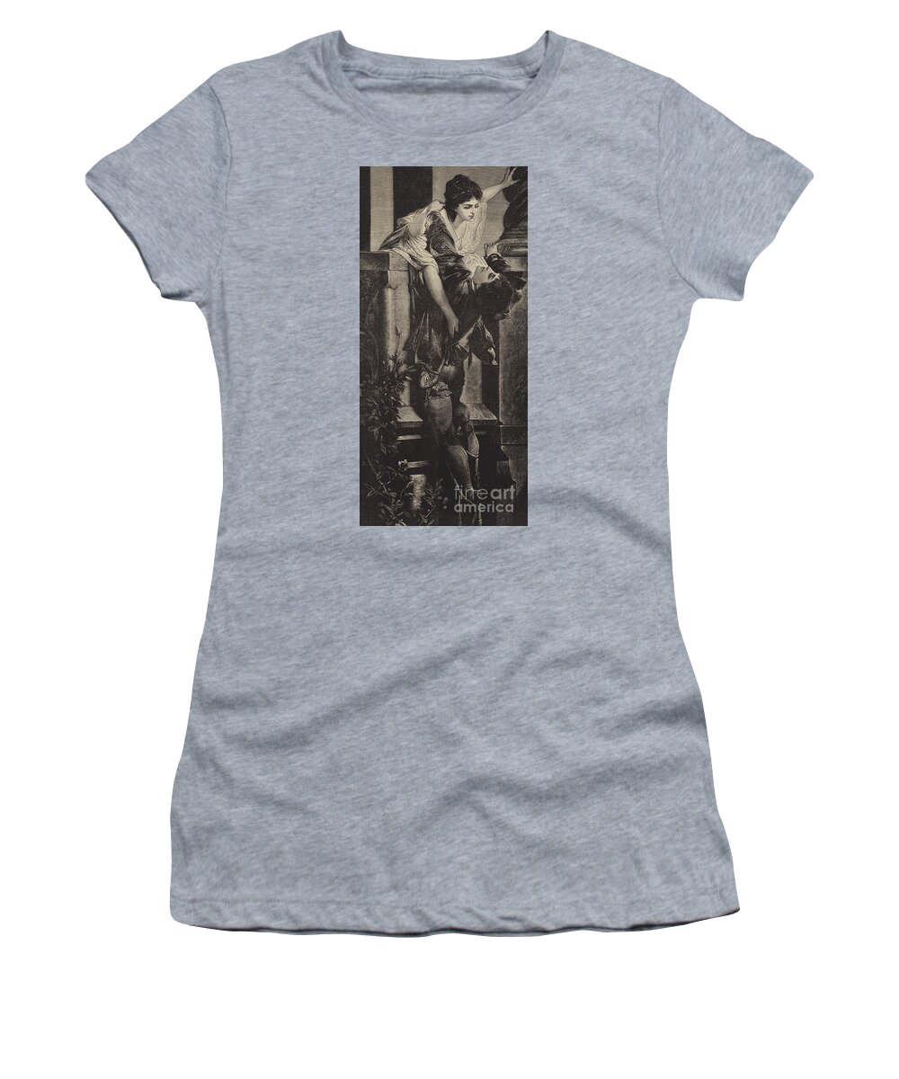 Romeo And Juliet Women's T-Shirt featuring the drawing The Balcony Scene from Romeo and Juliet Act II Scene II by Hans Makart