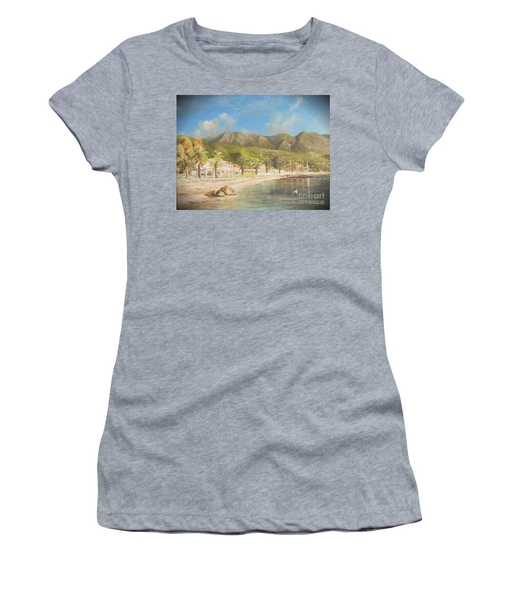 Summer Women's T-Shirt featuring the painting The beach of Ipsos by Sorin Apostolescu