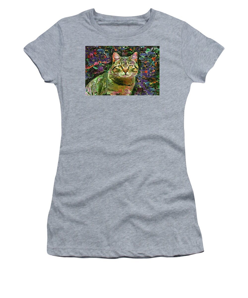Colorful Cat Women's T-Shirt featuring the digital art The Cat Who Loved Flowers 1 by Peggy Collins