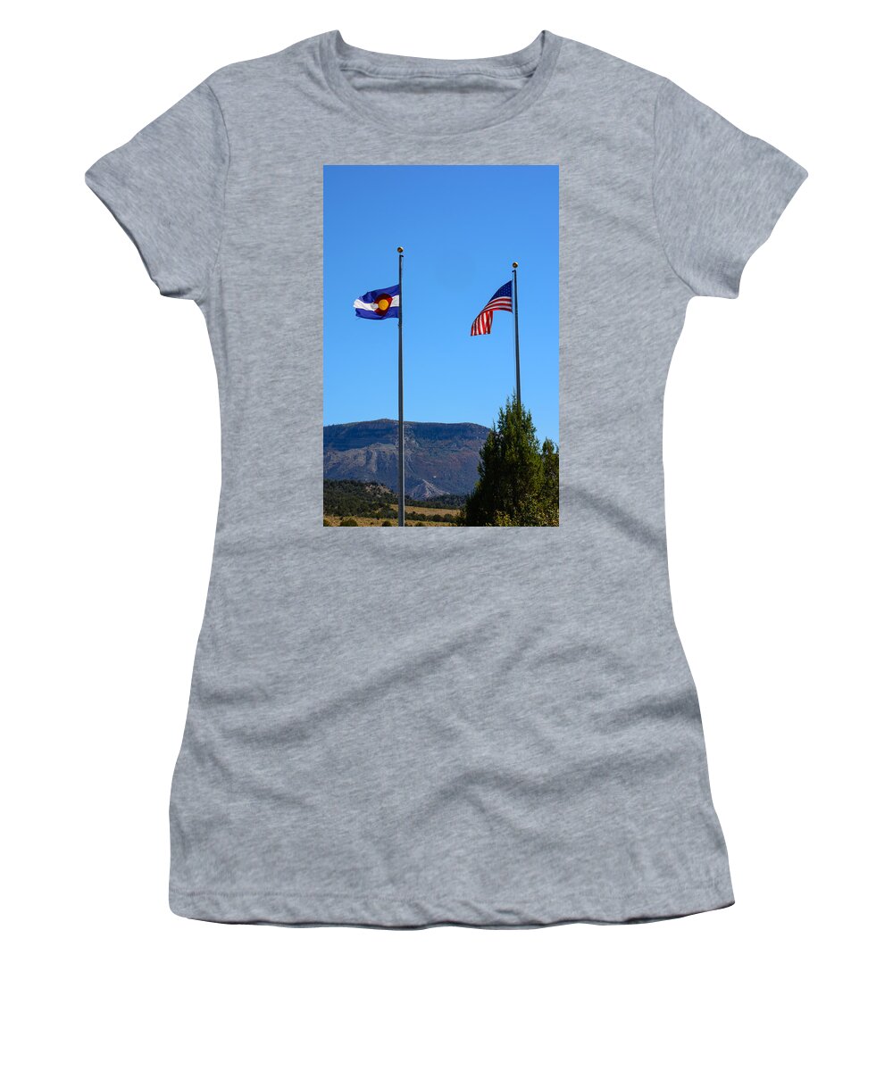 Landscape Women's T-Shirt featuring the photograph The Colorado State Flag with Old Glory by Tikvah's Hope