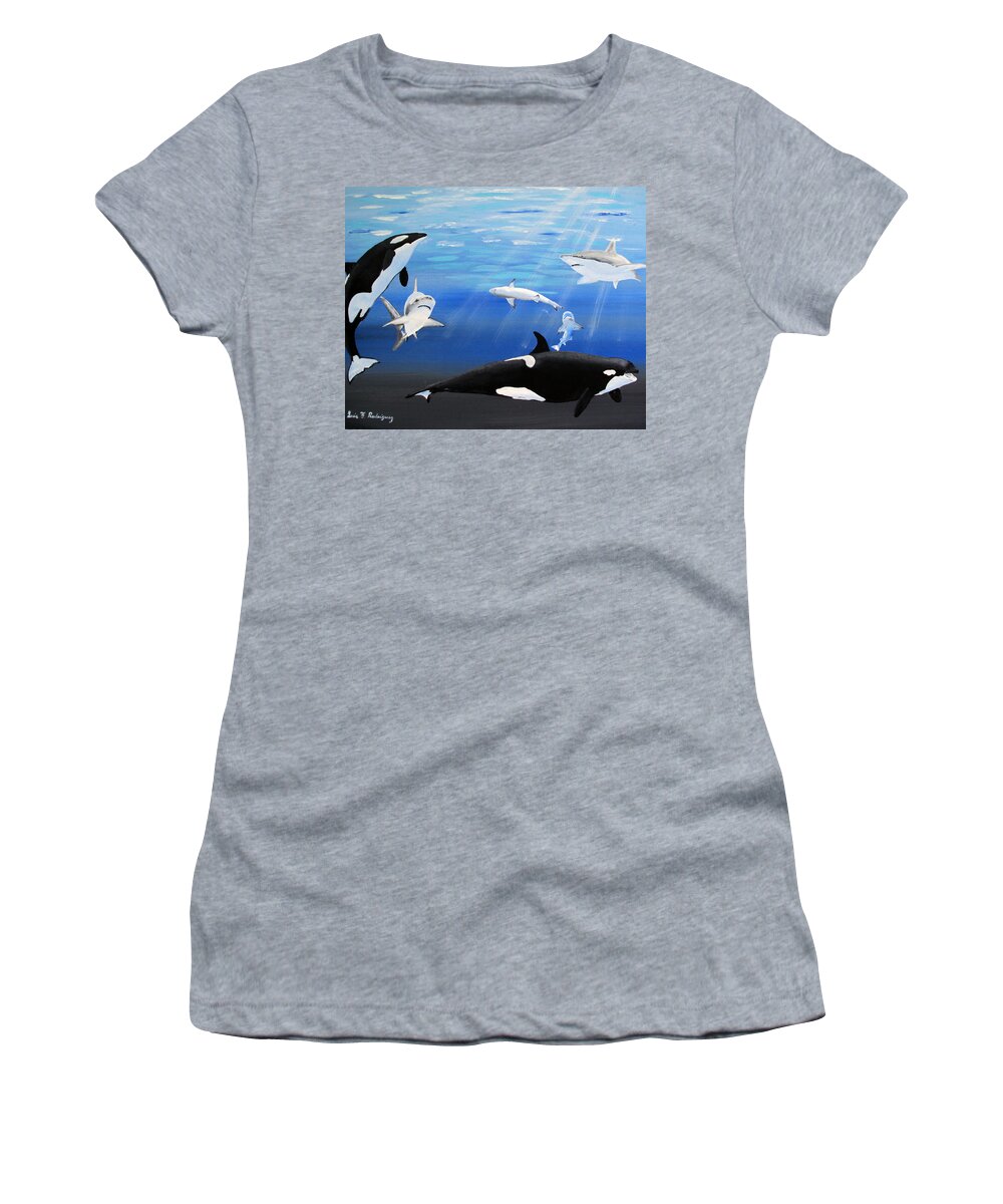 Killer Whales Women's T-Shirt featuring the painting The Encounter by Luis F Rodriguez