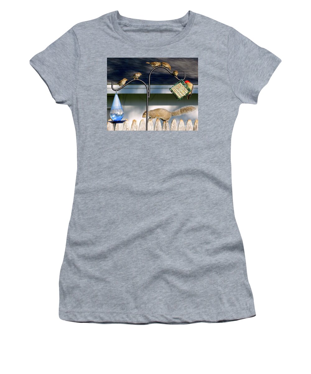 Birds Women's T-Shirt featuring the photograph The Epitome of Patience and Sharing by Lori Lafargue
