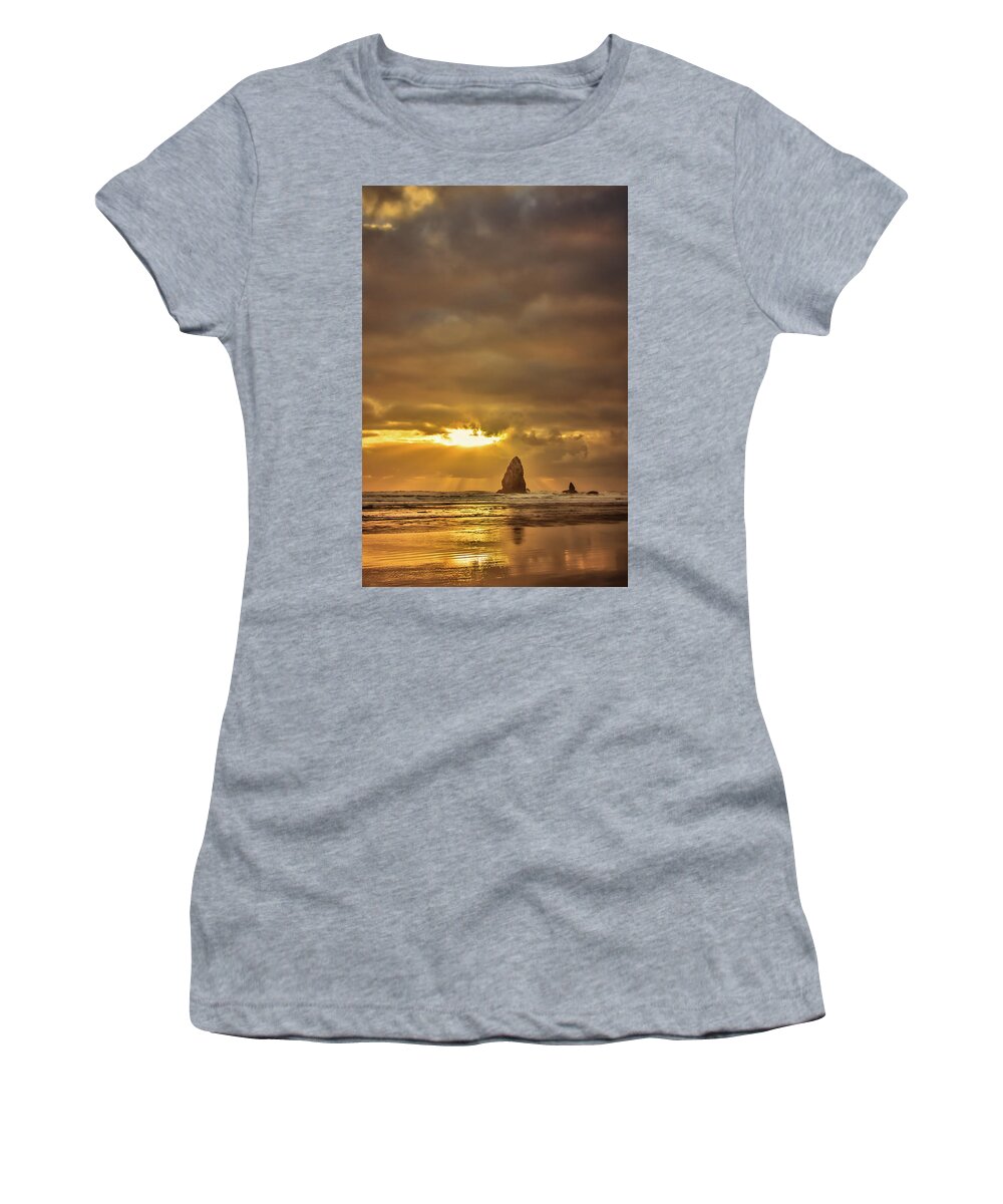 Cannon Beach Women's T-Shirt featuring the photograph The Evening Glow by Don Schwartz