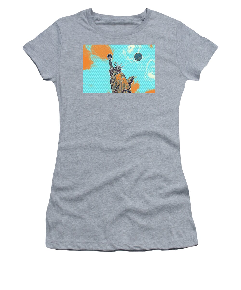 Statue Women's T-Shirt featuring the painting The Fool Blood Moon and The Lady Liberty 5 by Celestial Images