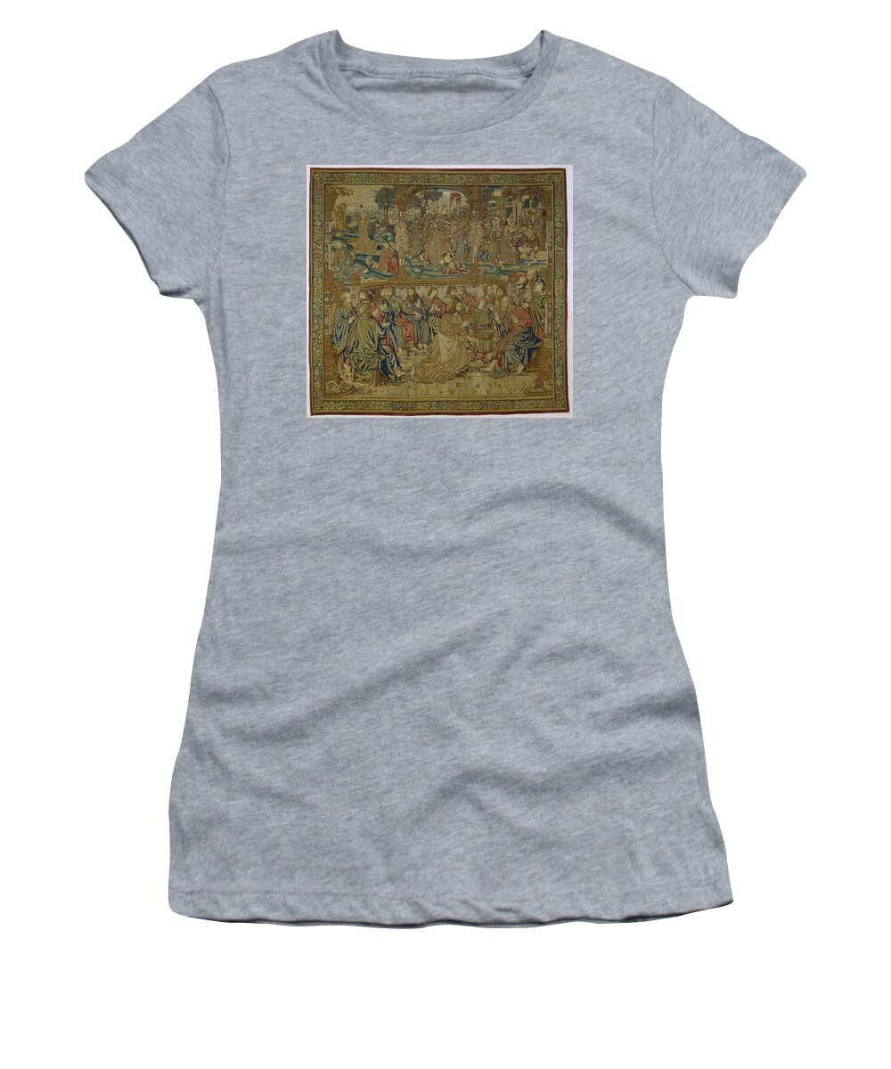 The Foot Washing Women's T-Shirt featuring the tapestry - textile Textile tapestry The foot washing  Pieter van Enghien ca 1511 ca 1520 by Vintage Collectables