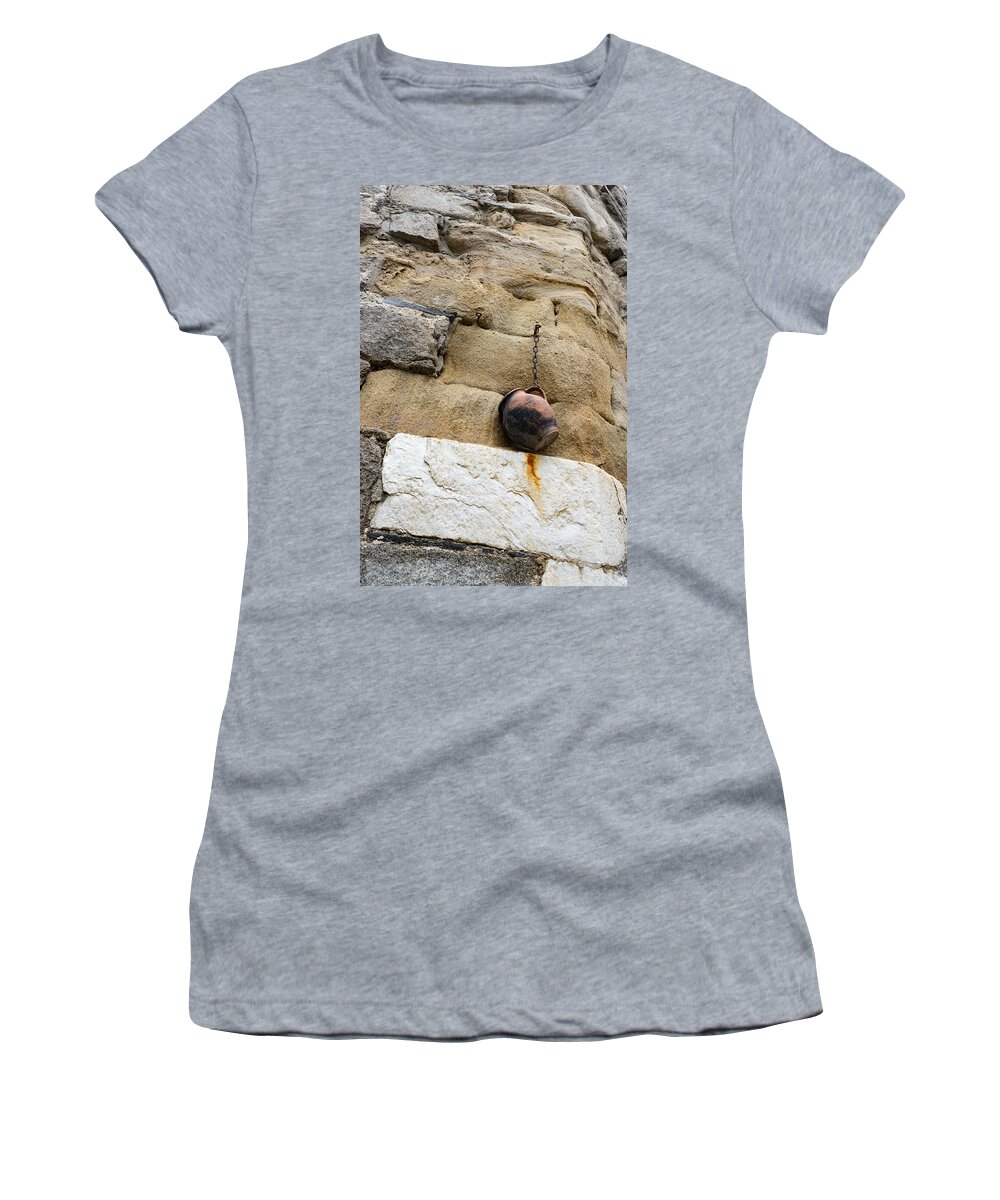 Georgia Mizuleva Women's T-Shirt featuring the photograph The Hanging Jar - Rough Weathered Stones Rust and Ceramics - a Vertical View by Georgia Mizuleva