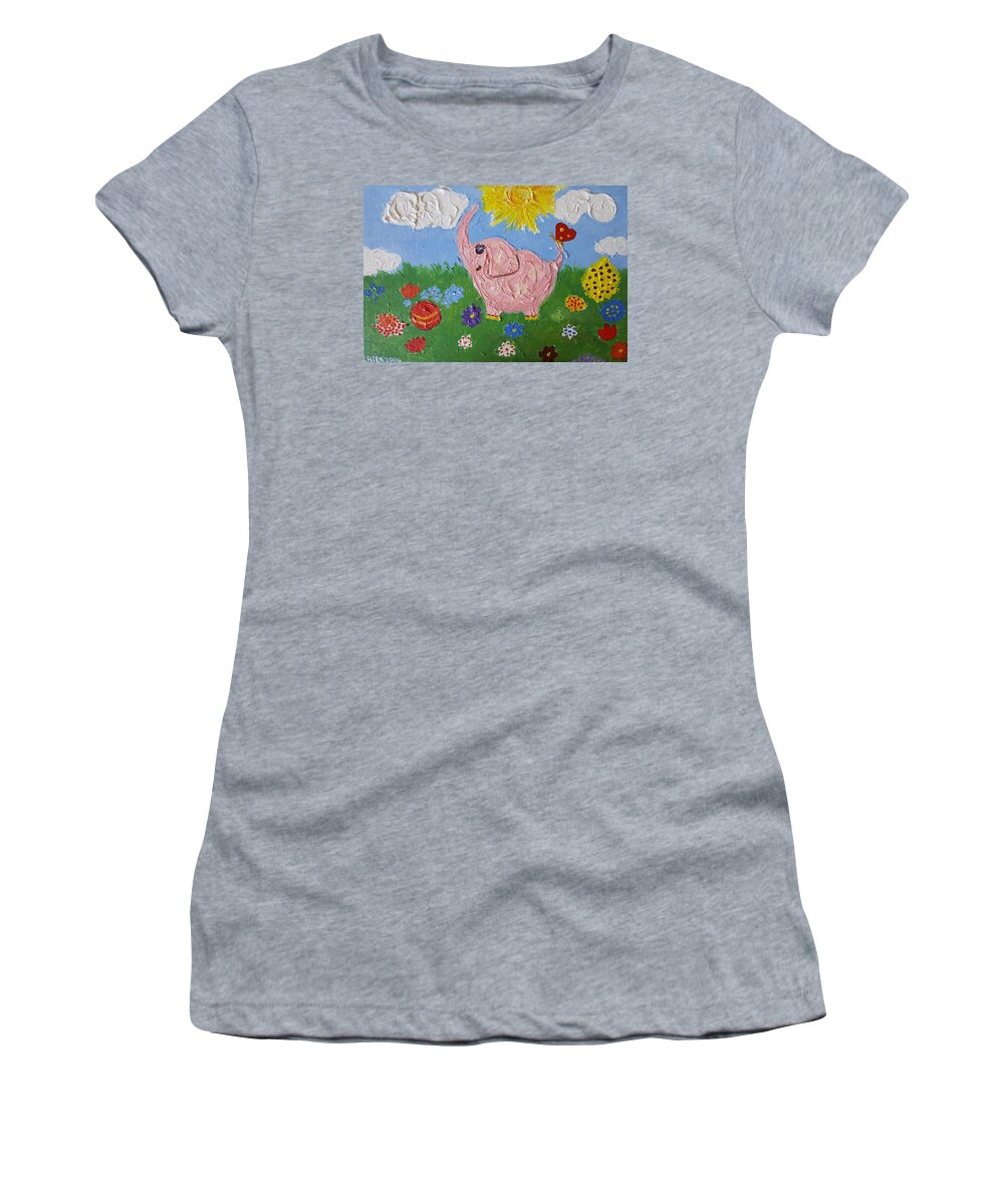 Elephant Women's T-Shirt featuring the painting Little Pink Elephant by Rita Fetisov