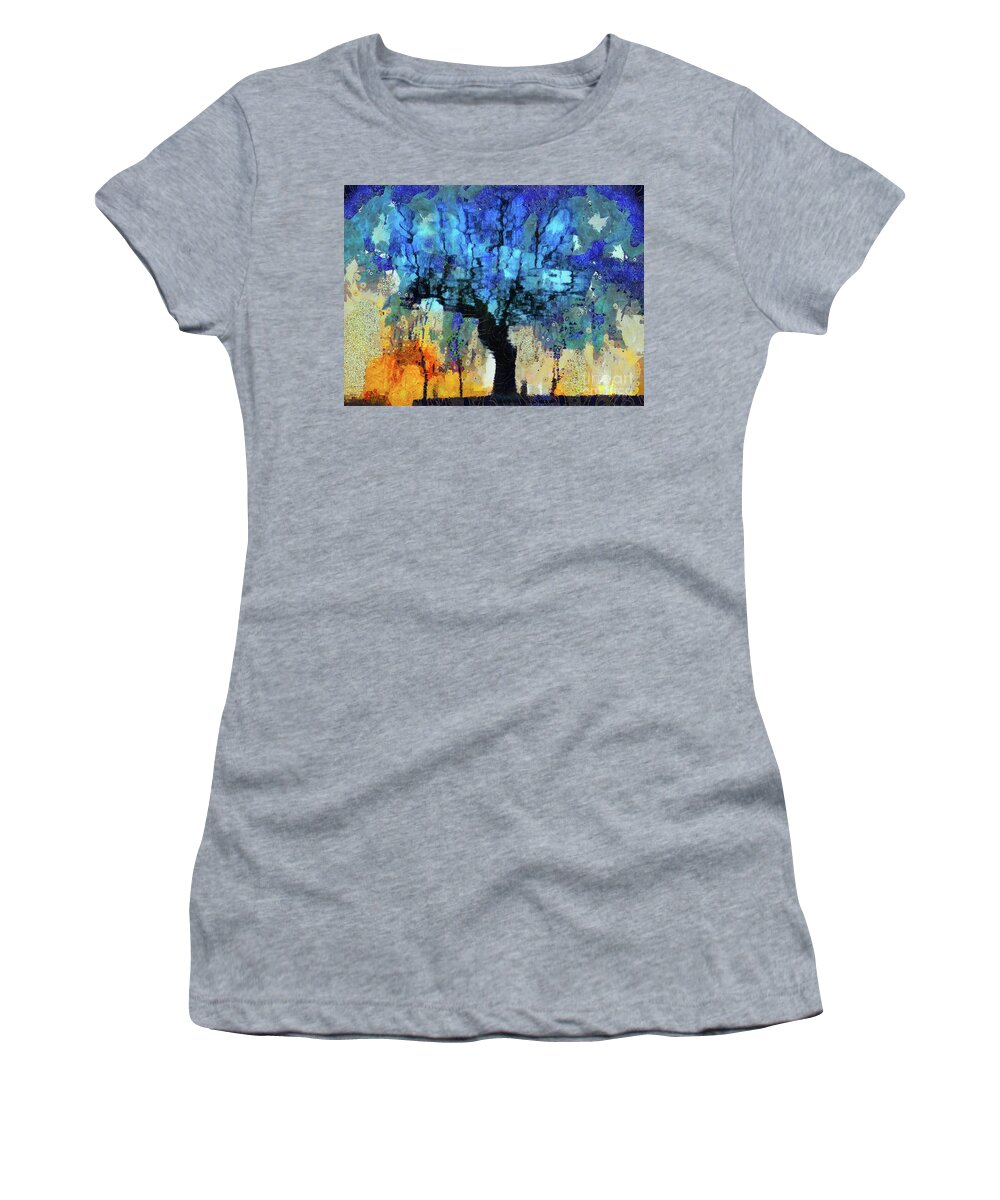 Tree Women's T-Shirt featuring the mixed media The Magic Blue Faraway Tree by Daliana Pacuraru