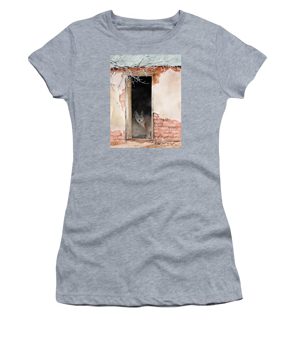 A Coyote Stands Inside The Doorway Of An Abandon Dwelling In A Deserted Town In New Mexico. Women's T-Shirt featuring the painting The New Tenent by Monte Toon