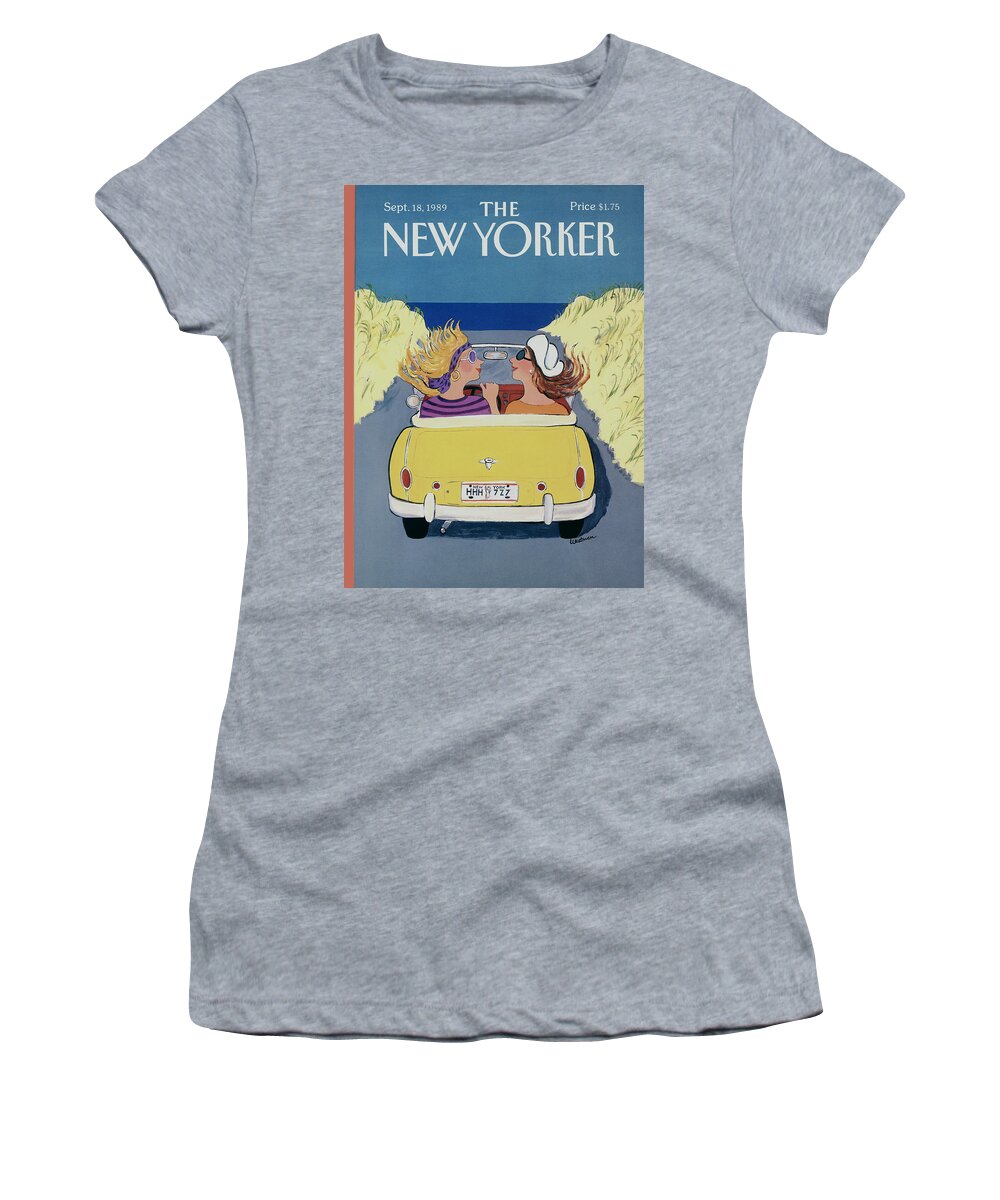 Autosdrivingfashionwomenbeautyhairhatsleisurerelaxationtravelbeachesvacationsseashorenatureseasonssummerweatherrelationshipfriendswomen?sviewpointbarbarawestmanbwaartkey46994 Women's T-Shirt featuring the photograph The New Yorker Cover - September 18th, 1989 by Barbara Westman