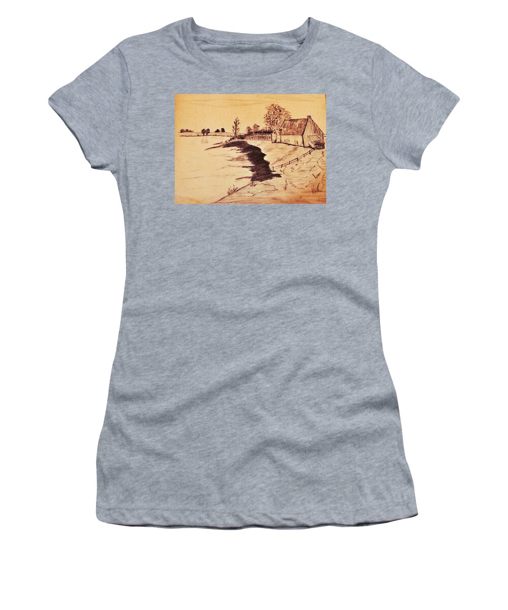 Drawing Women's T-Shirt featuring the drawing The Old Homestaed by Stacie Siemsen