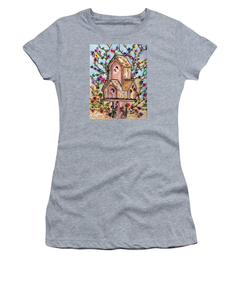 Bird House Women's T-Shirt featuring the painting The opening of spring by Connie Valasco