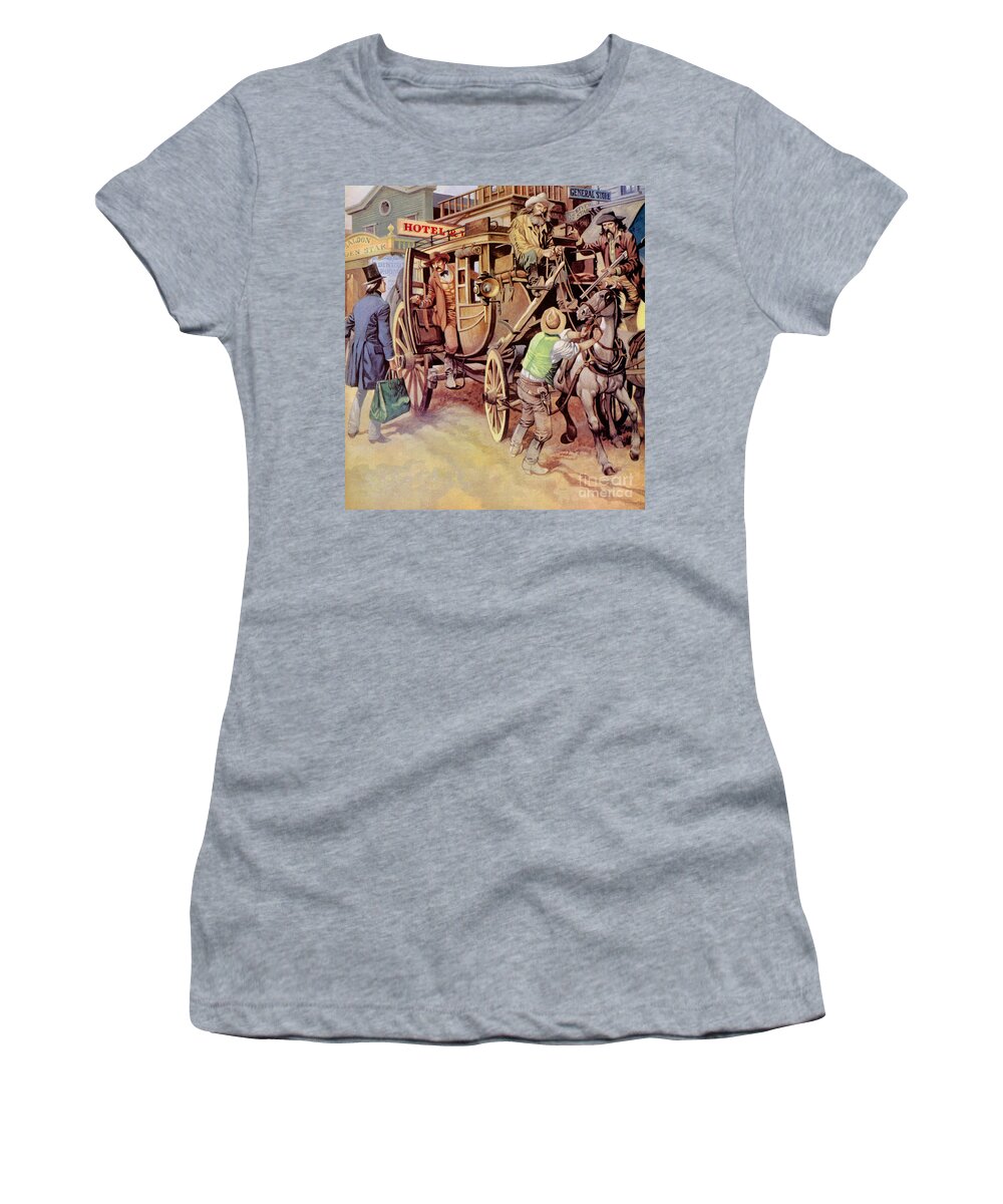 Mark Twain; Samuel Clemens; Travel; America; Wild West; Horses; Stagecoach; Overland; Cowboys; Hotel; Saloon; Century; Stage Coach Women's T-Shirt featuring the painting The Overland Stage by Peter Jackson