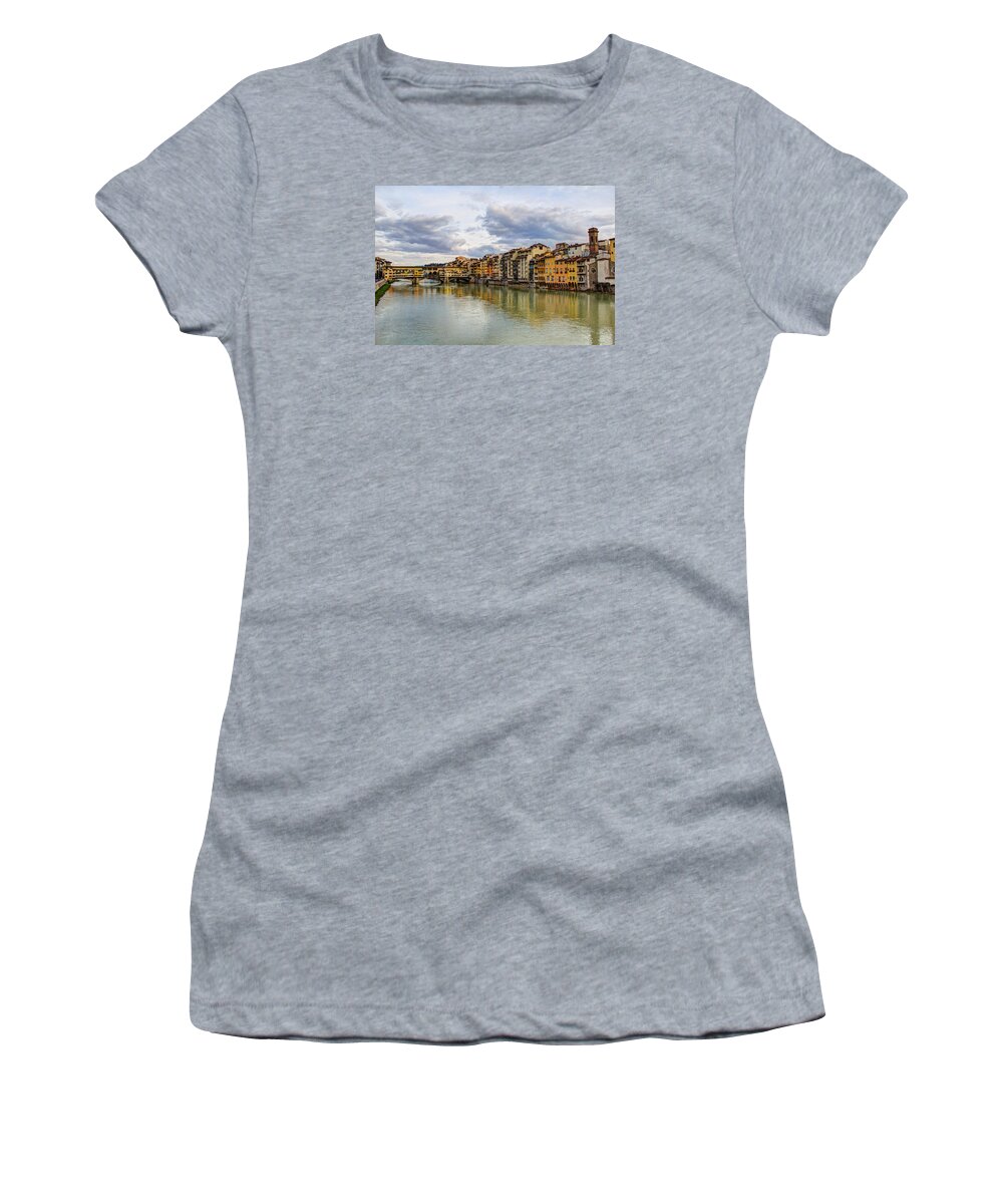 The Ponte Vecchio Women's T-Shirt featuring the photograph The Ponte Vecchio and Florence by Wade Brooks
