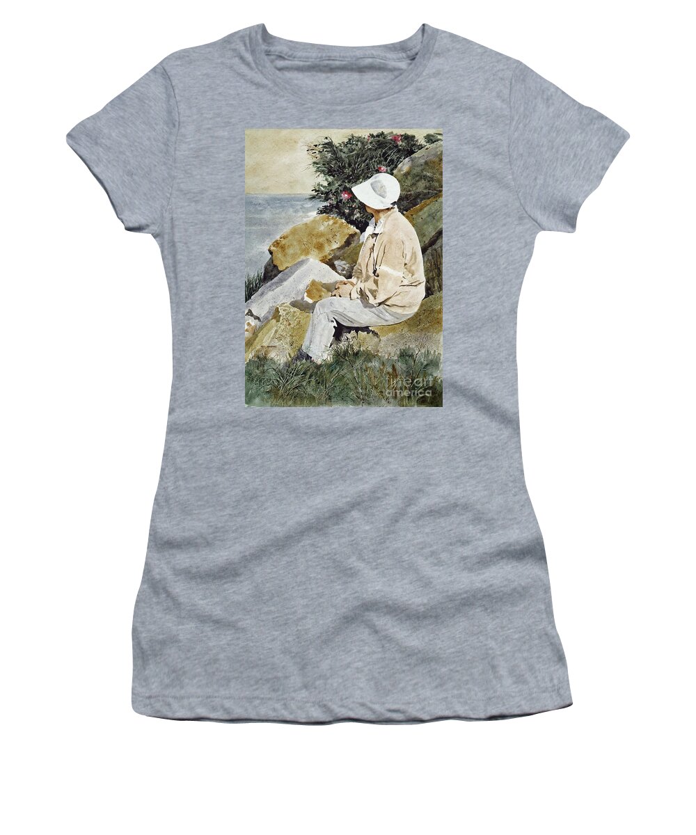 A Lady Enjoys A Moment Of Quiet Contemplation As She Sits On A Rock Near The Nubble Lighthouse In Maine. Women's T-Shirt featuring the painting The Respite by Monte Toon