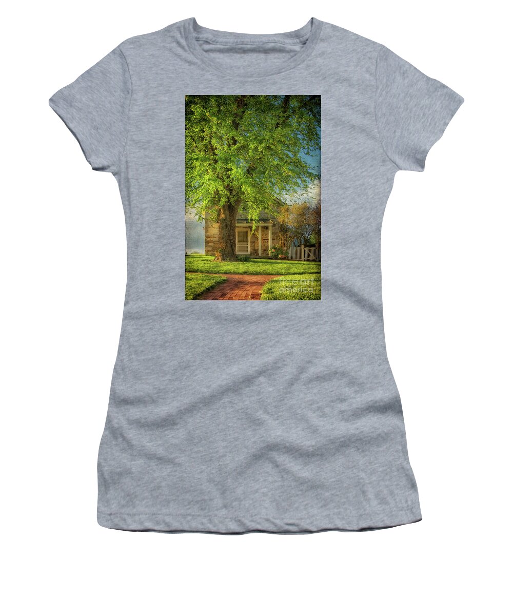 Cottage Women's T-Shirt featuring the photograph The Stone Cottage On A Spring Evening by Lois Bryan