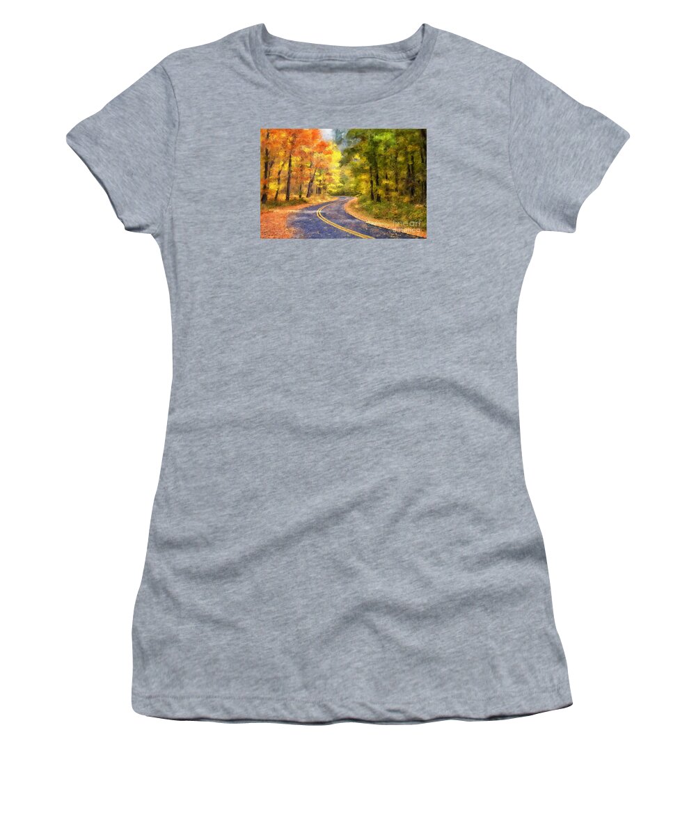 Autumn Landscape Women's T-Shirt featuring the photograph The Sunny Side Of The Street by Lois Bryan