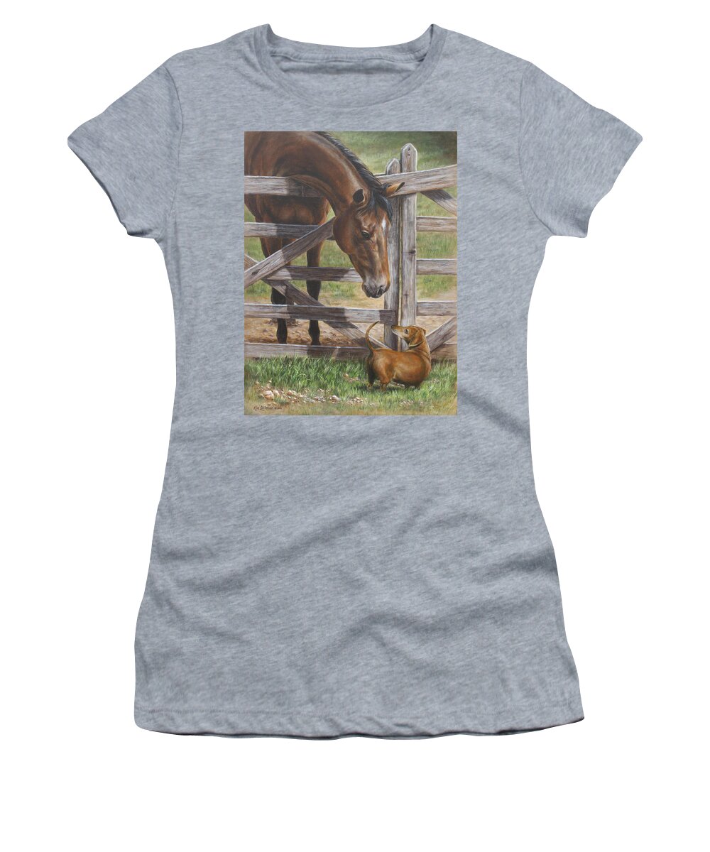Horse Women's T-Shirt featuring the painting The Tall and Short of It by Kim Lockman