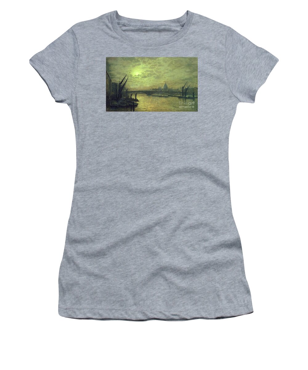The Women's T-Shirt featuring the painting The Thames by Moonlight with Southwark Bridge by John Atkinson Grimshaw