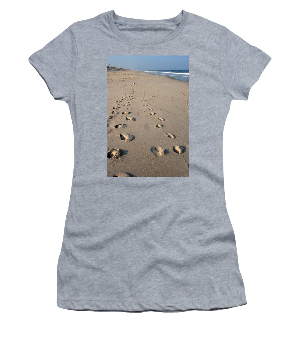Jersey Shore Women's T-Shirt featuring the photograph The Trails Of Footprints - Jersey Shore by Angie Tirado