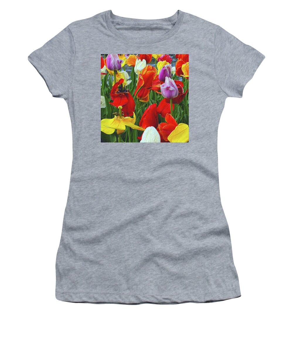 Tulips Women's T-Shirt featuring the photograph The Tulip Garden by Nadalyn Larsen