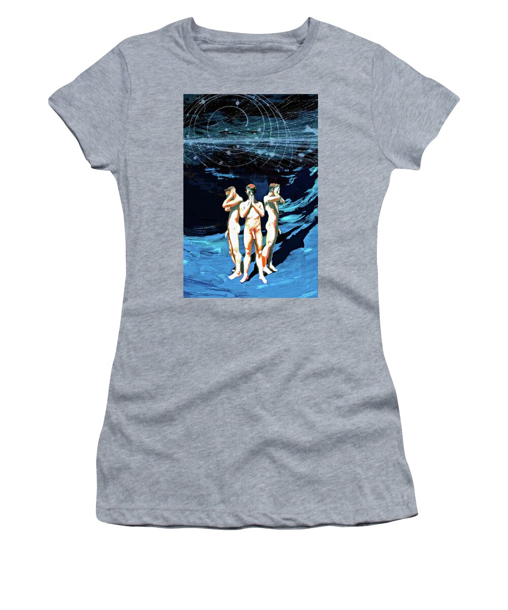 Nude Figures Women's T-Shirt featuring the painting Three Boys, Hear No Evil, Speak No Evil, See No Evil by Rene Capone
