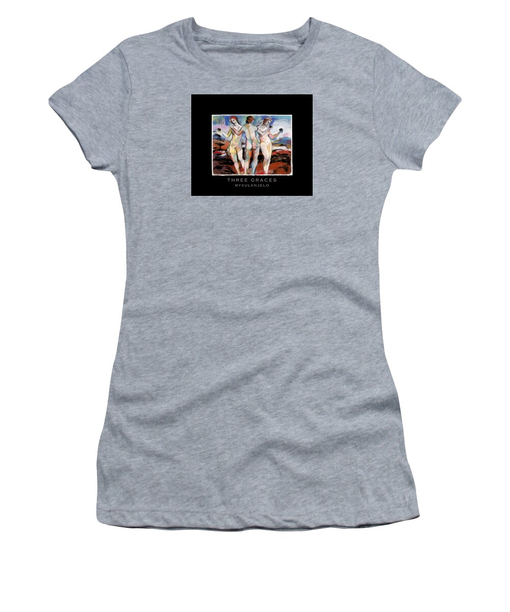 Three Graces Women's T-Shirt featuring the drawing Three Graces And Title by Mykul Anjelo