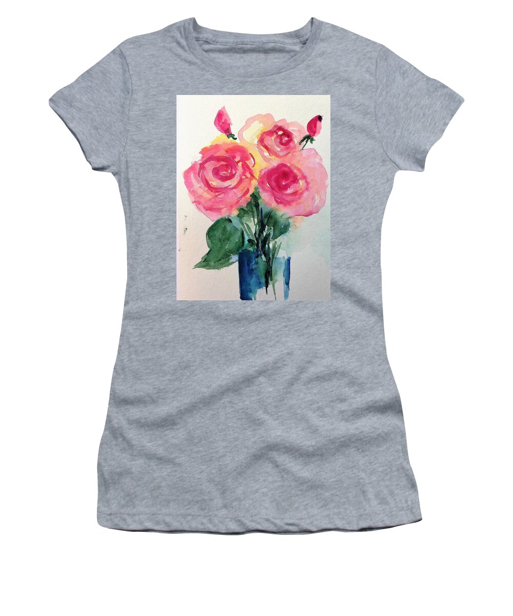 Flower Women's T-Shirt featuring the painting Three Roses In The Vase by Britta Zehm