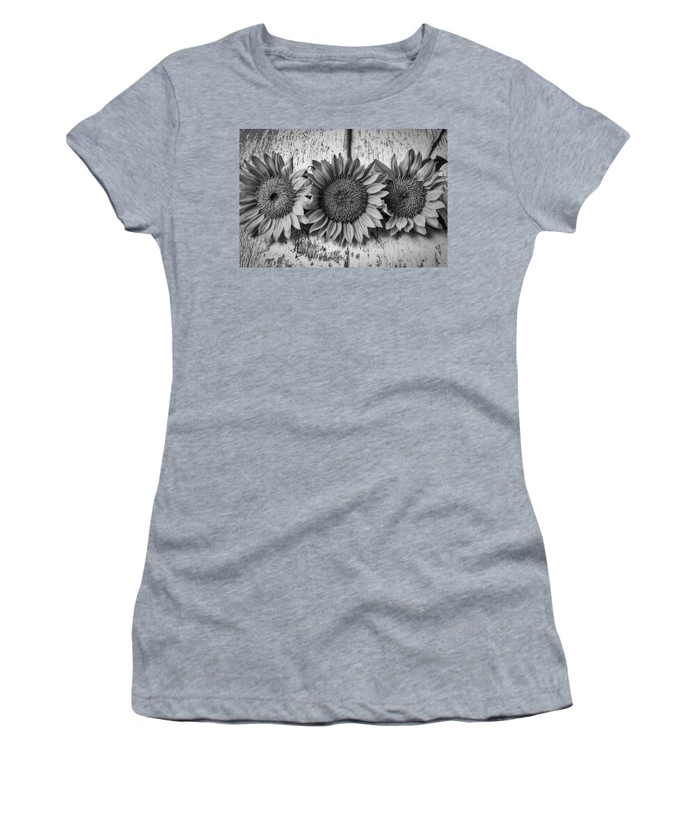 Mood Women's T-Shirt featuring the photograph Three Sunflowers Still Life In Black And White by Garry Gay