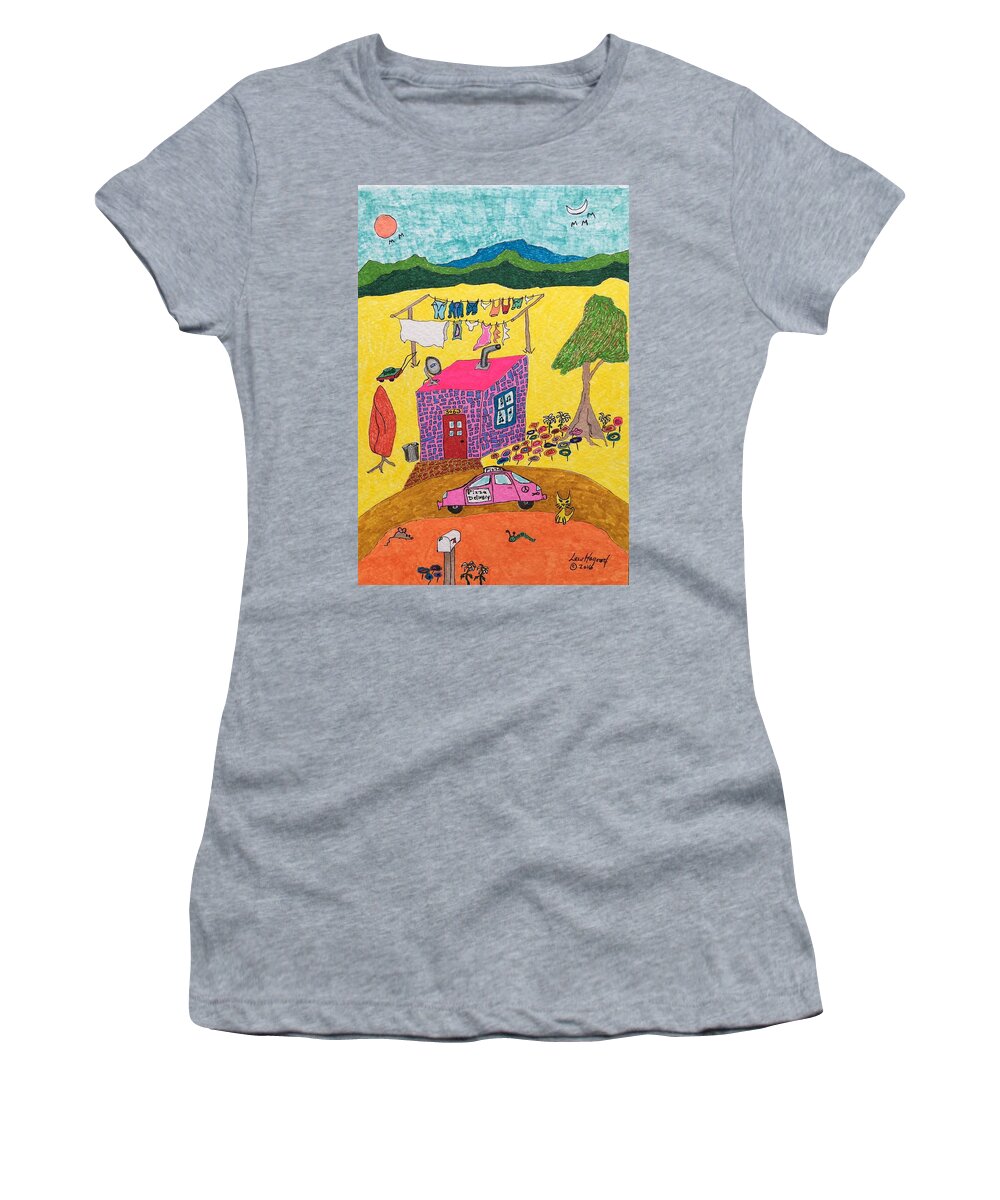  Women's T-Shirt featuring the painting Tiny House with Clothesline by Lew Hagood