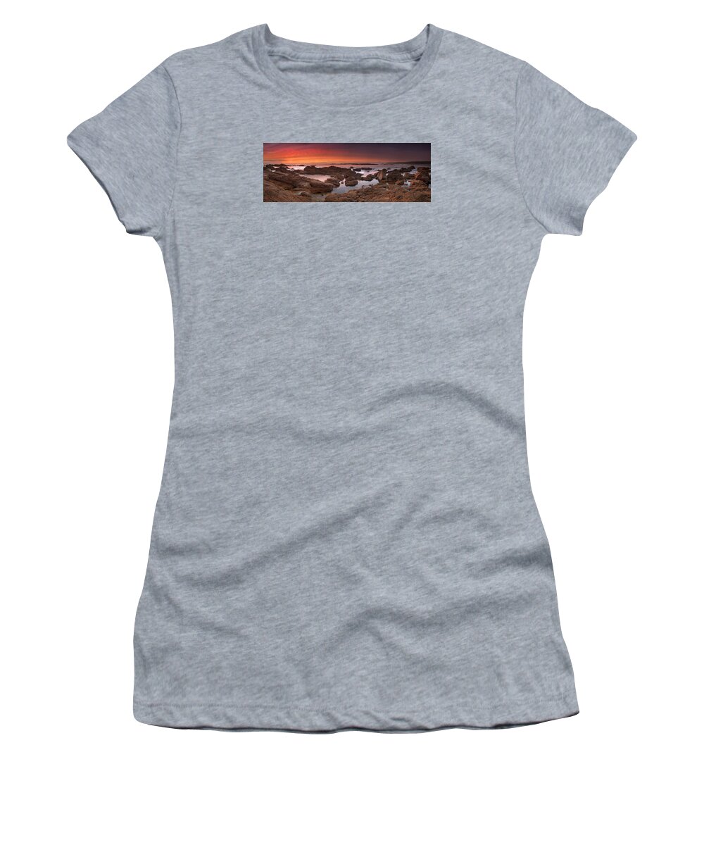 #panoramic #seascape #sea #beautiful #orange #rocks #waves #cornwall #relaxing #striking #colourful #sunset #panorama #sand #england #smooth #still #ocean #sharp #texture #ruff #scenic #long #summer #evening Women's T-Shirt featuring the photograph To Sea's Unknown by John Chivers