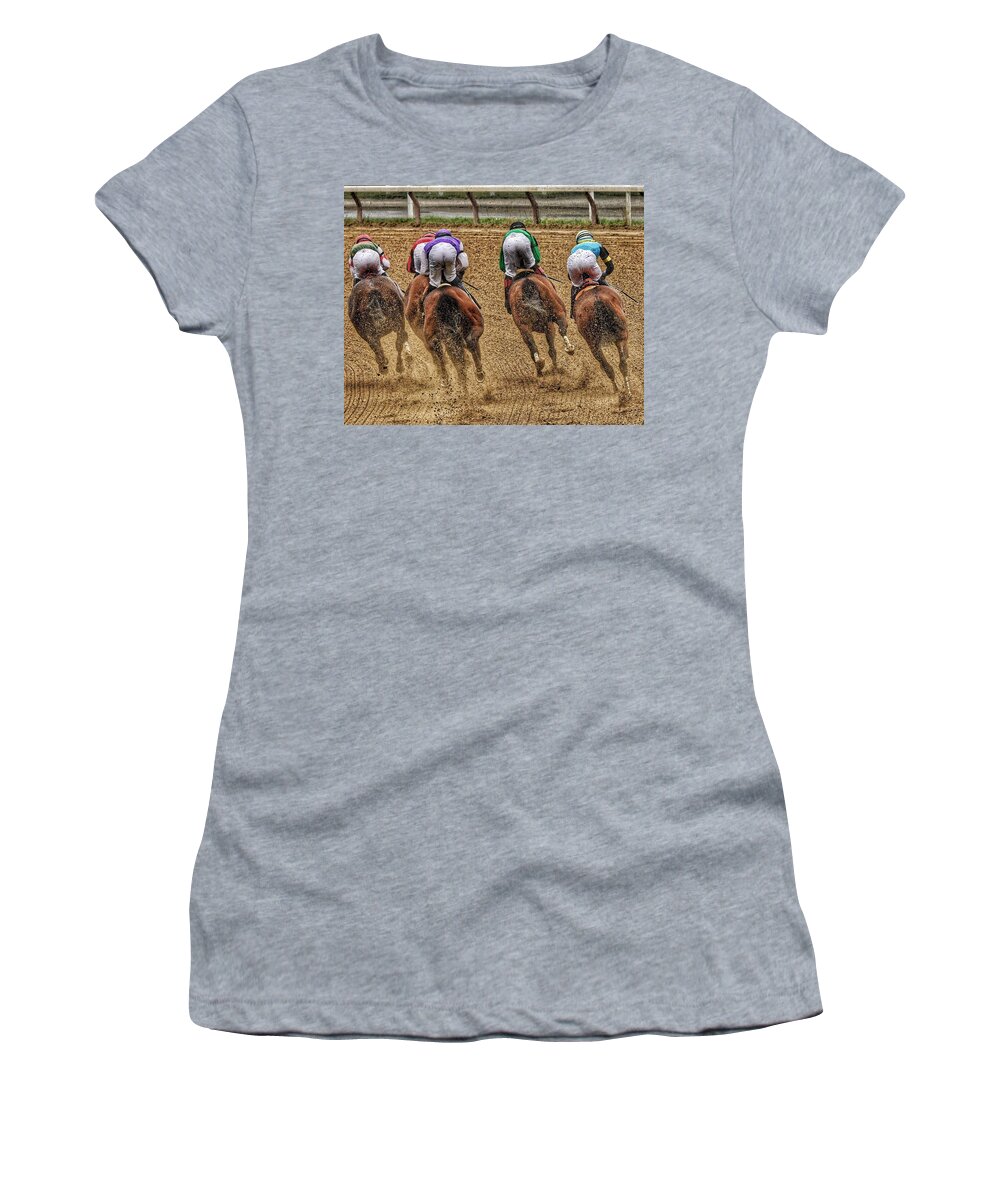 Race Horses Women's T-Shirt featuring the photograph To the Finish by Jeffrey PERKINS