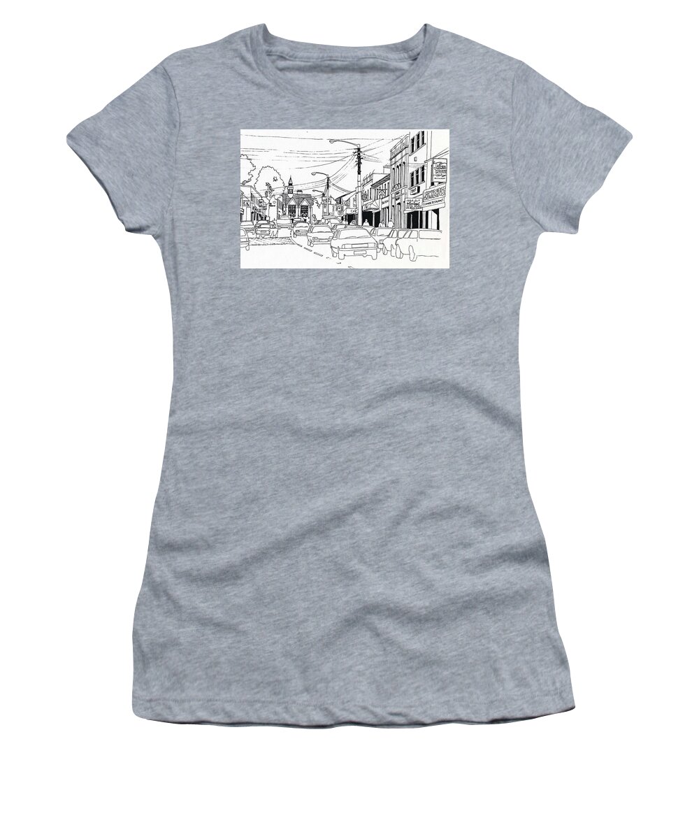  Women's T-Shirt featuring the drawing Top of the Main St, Bray by Val Byrne