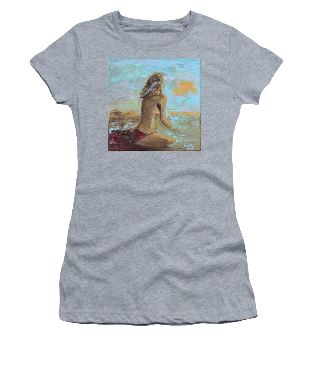 Beach Women's T-Shirt featuring the painting Topless Beach by Donna Blackhall