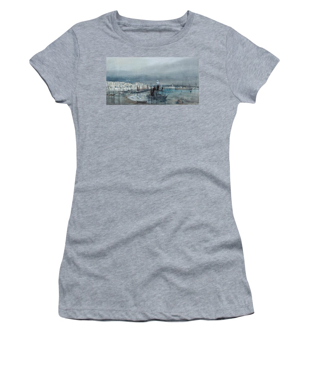 Donald Maxwell () - Coastal View Of A Harbour Women's T-Shirt featuring the painting Town And Lighthouses Beyond by Donald Maxwell
