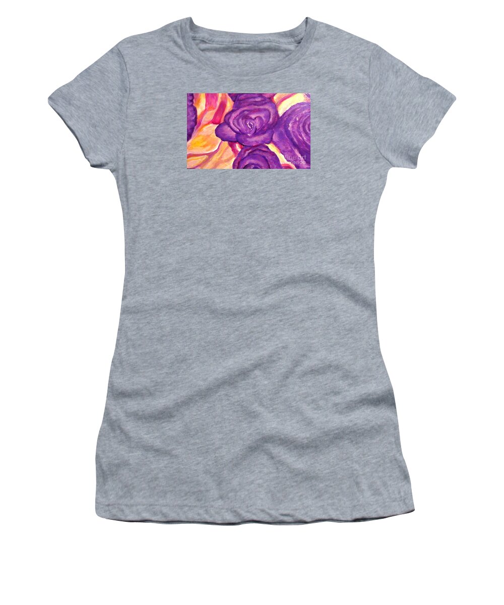 Twist On Traditional English Roses With A Contemporary Pop Art Twist Deep Purple Petals Luminescent Petals Golden And Crimson And Rose Background Nature Work Flower Work Roses Acrylic Painting Women's T-Shirt featuring the painting Traditional Roses with a Pop Art Twist by Kimberlee Baxter