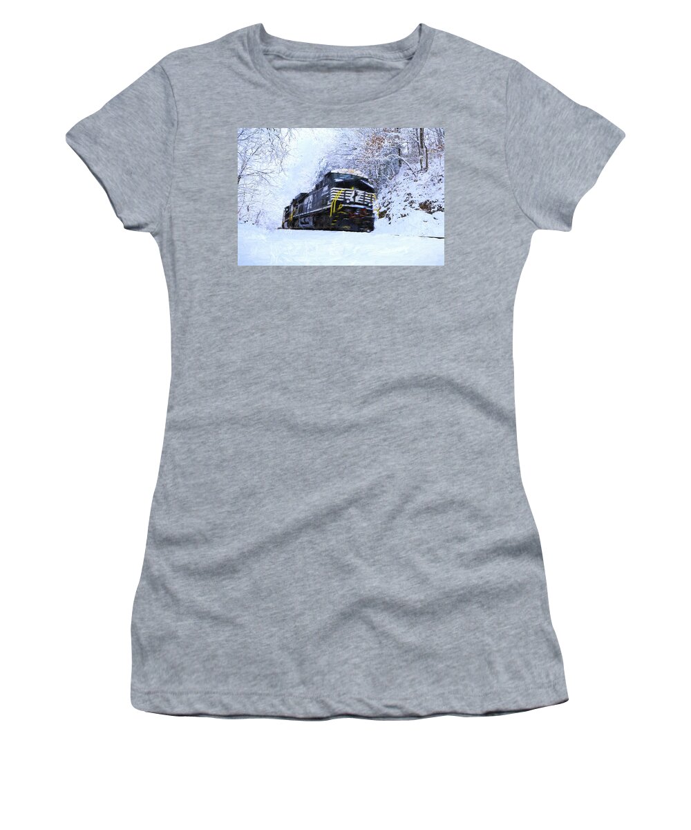 Train Women's T-Shirt featuring the photograph Train And Snow Painting by Carol Montoya