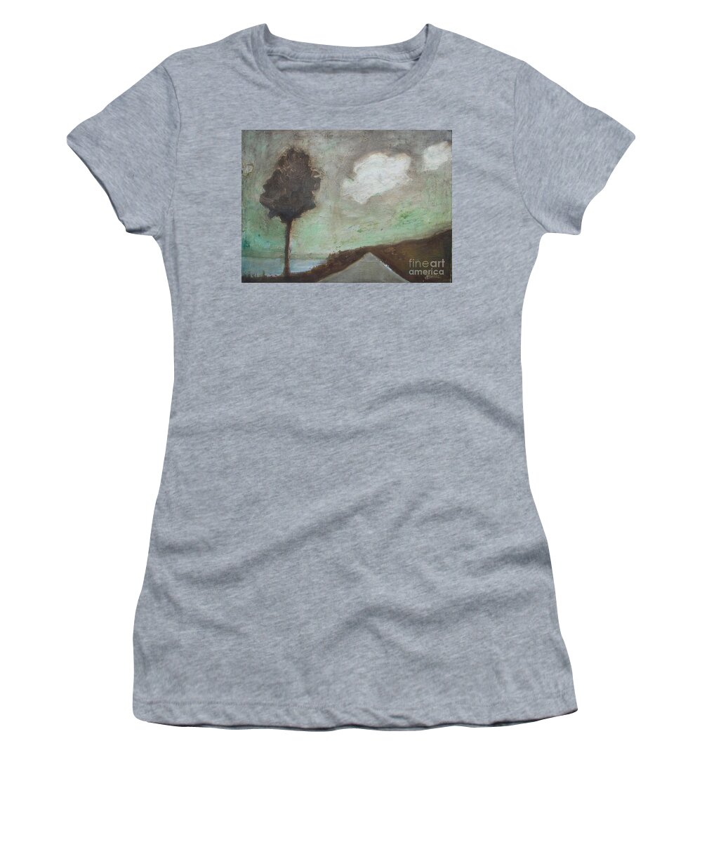 Tree Women's T-Shirt featuring the painting Tree on the Rural Road by Vesna Antic