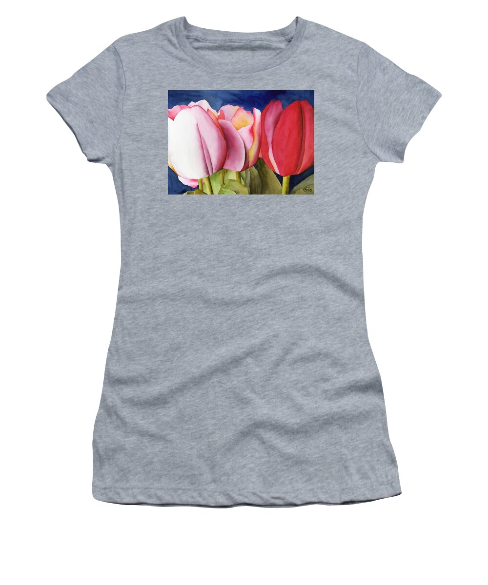 Watercolor Women's T-Shirt featuring the painting Triple Tulips by Ken Powers