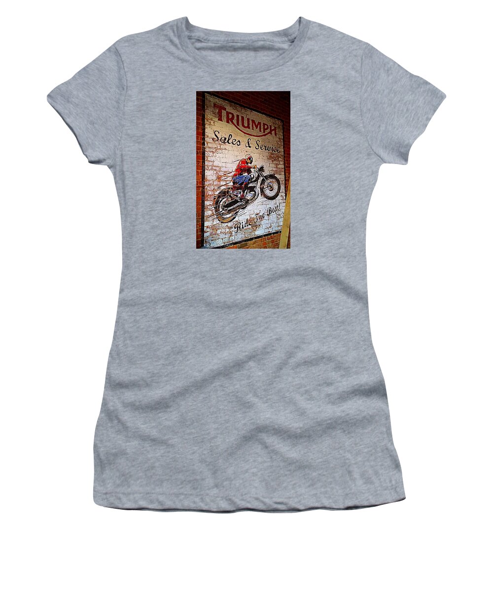 Motorcycle Women's T-Shirt featuring the photograph Triumph Sales and Services by Kathy Barney
