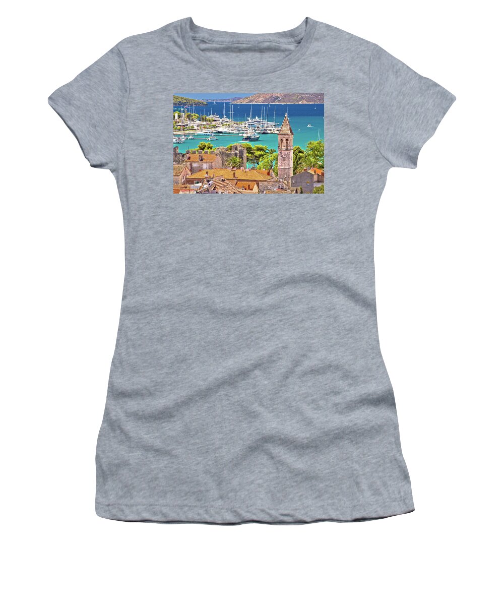 Mountain Women's T-Shirt featuring the photograph Trogir landmarks and turquoise sea view by Brch Photography