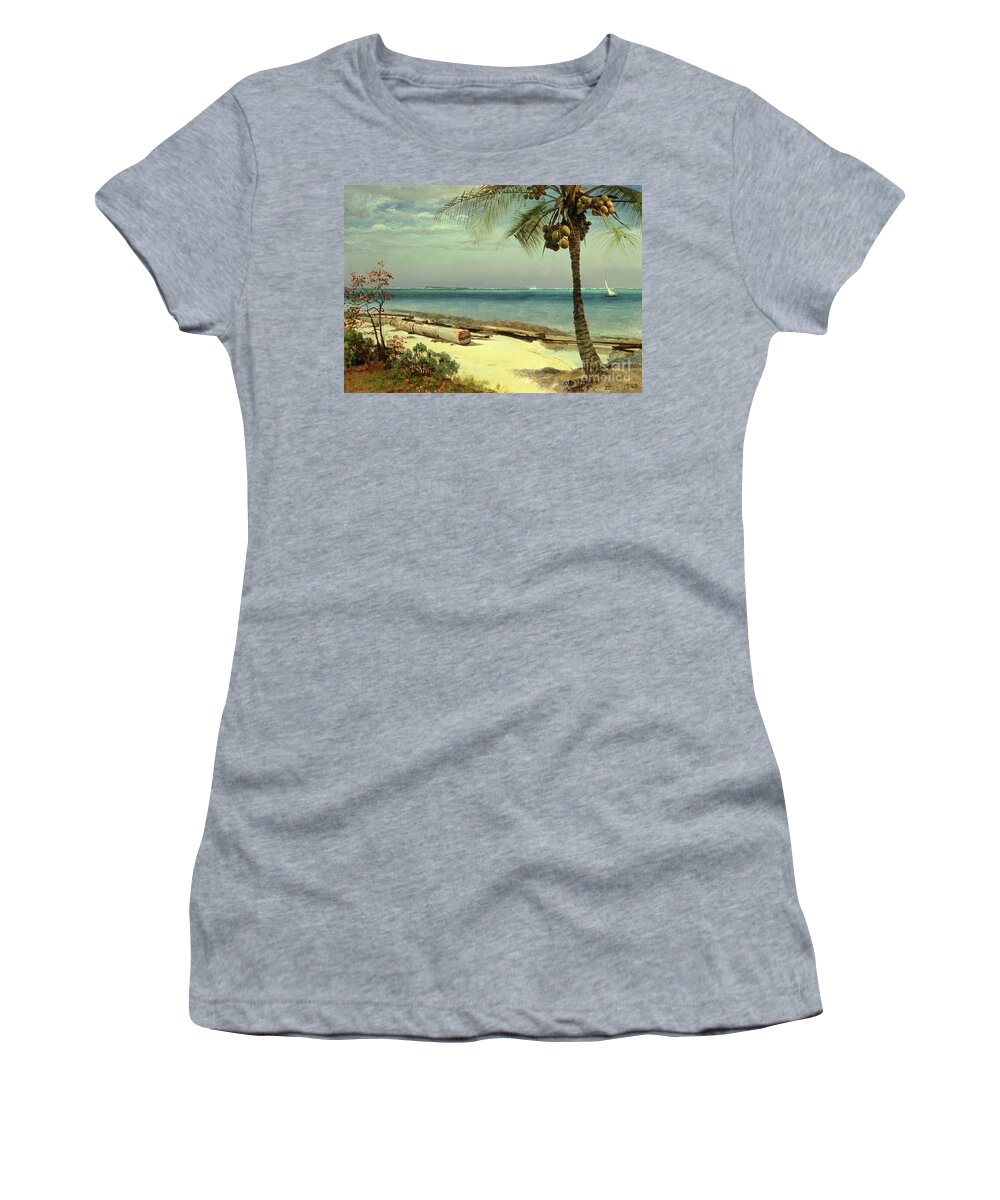 Shore; Exotic; Palm Tree; Coconut; Sand; Beach; Sailing Women's T-Shirt featuring the painting Tropical Coast by Albert Bierstadt
