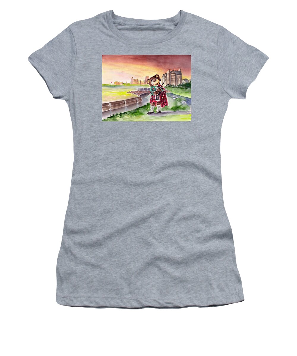 Animals Women's T-Shirt featuring the painting Truffle McFurry Playing The Bagpipes At St Andrews by Miki De Goodaboom