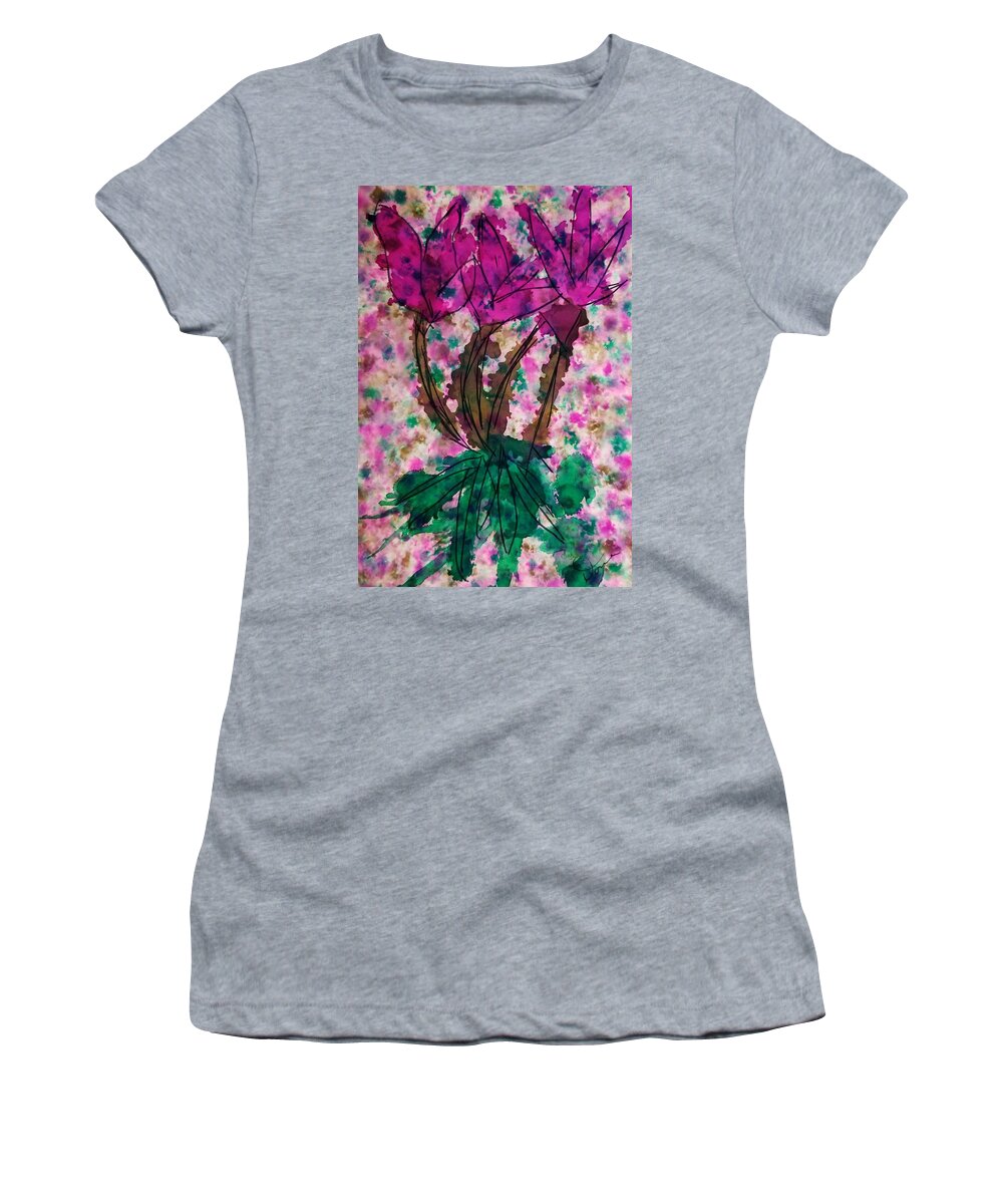 Abstract Alcohol Ink Flower Painting Women's T-Shirt featuring the painting Tulips? by Donna Perry