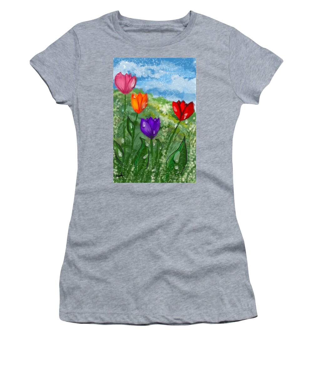 Flowers Women's T-Shirt featuring the painting Tulips in a field. by Kathleen Hromada