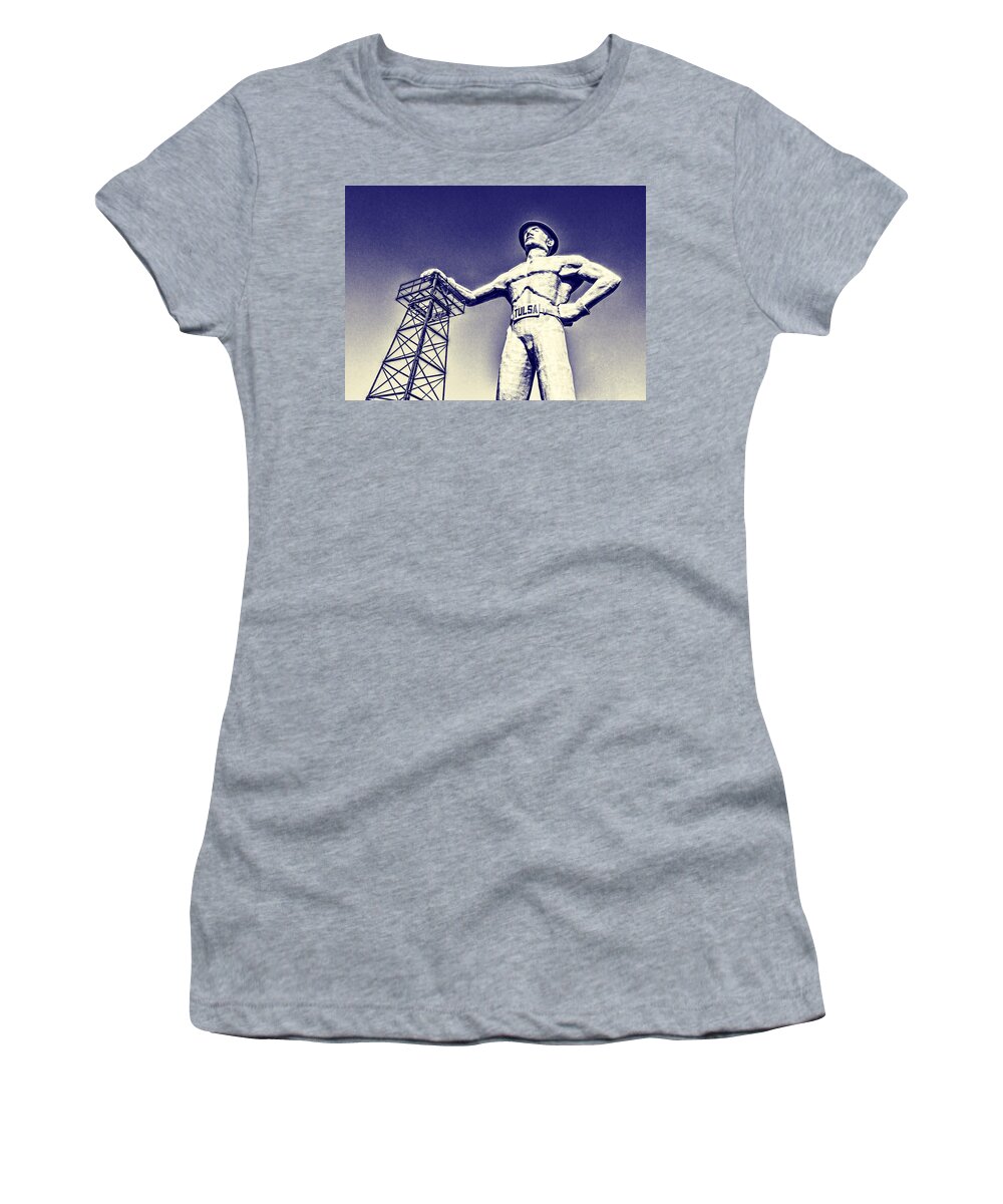 Tulsa Women's T-Shirt featuring the photograph Tulsa Golden Driller Blueprint by Bert Peake