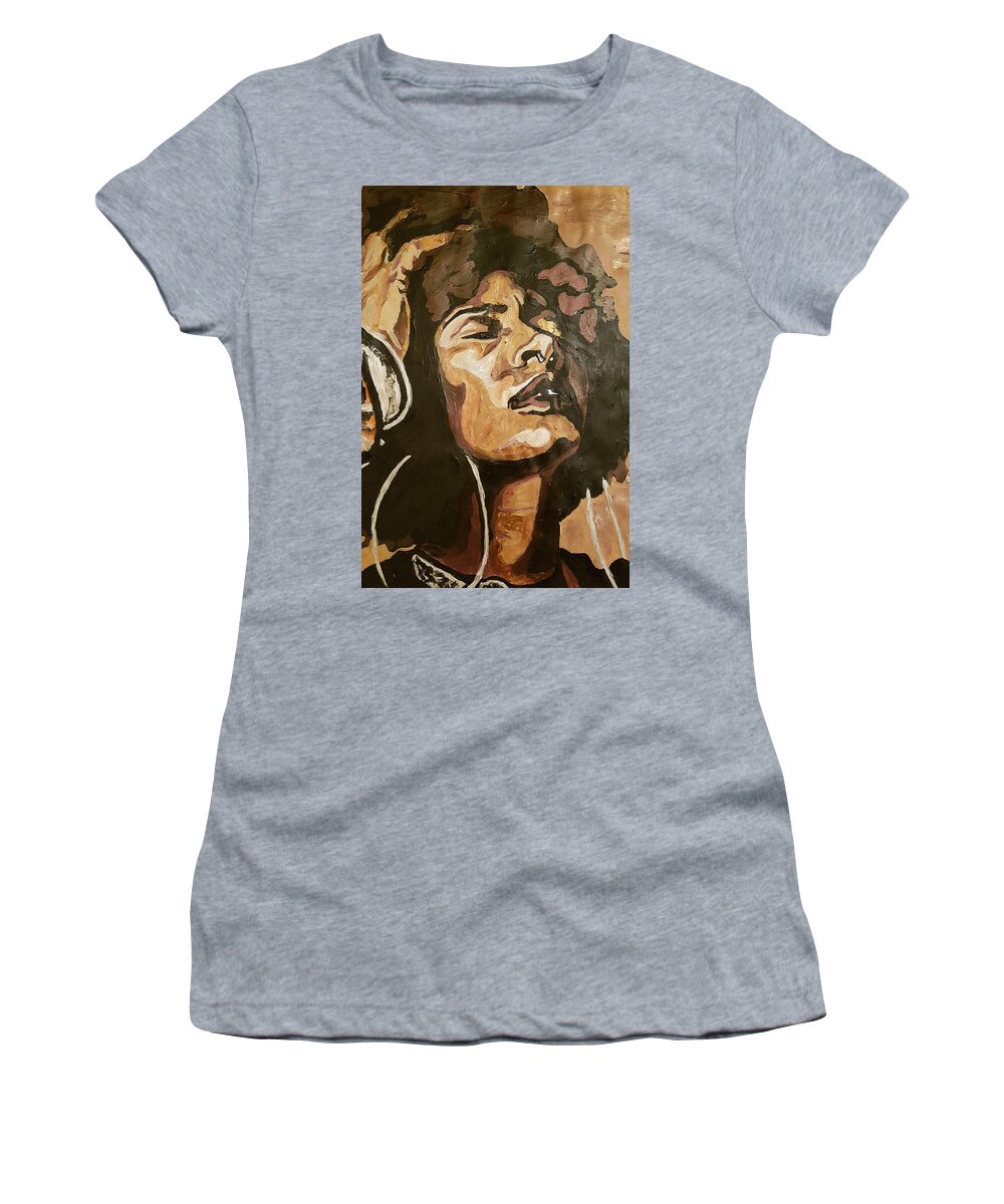 Black Woman Women's T-Shirt featuring the painting Turn Up The Quiet by Rachel Natalie Rawlins