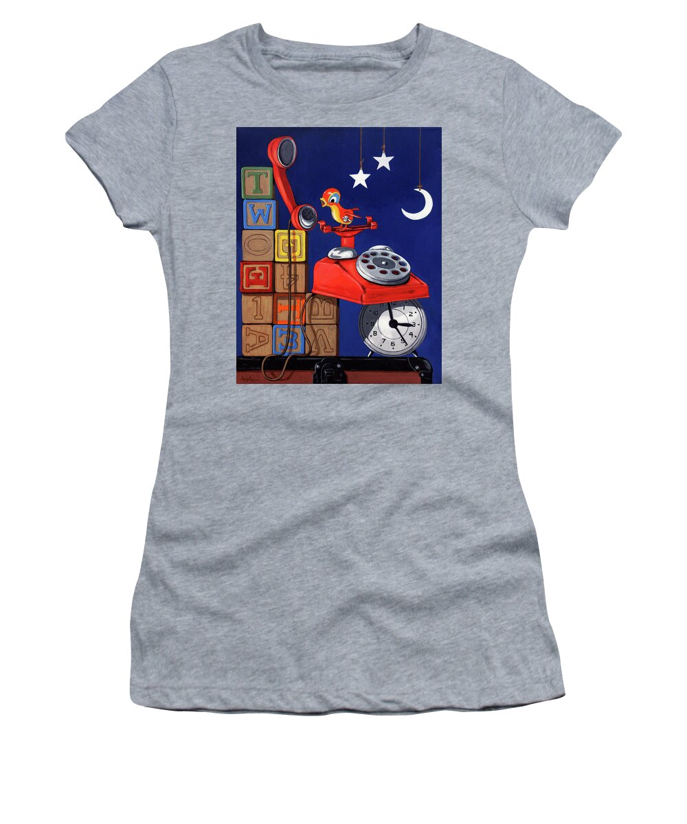 Tweeting Women's T-Shirt featuring the painting Tweets -narrative painting by Linda Apple