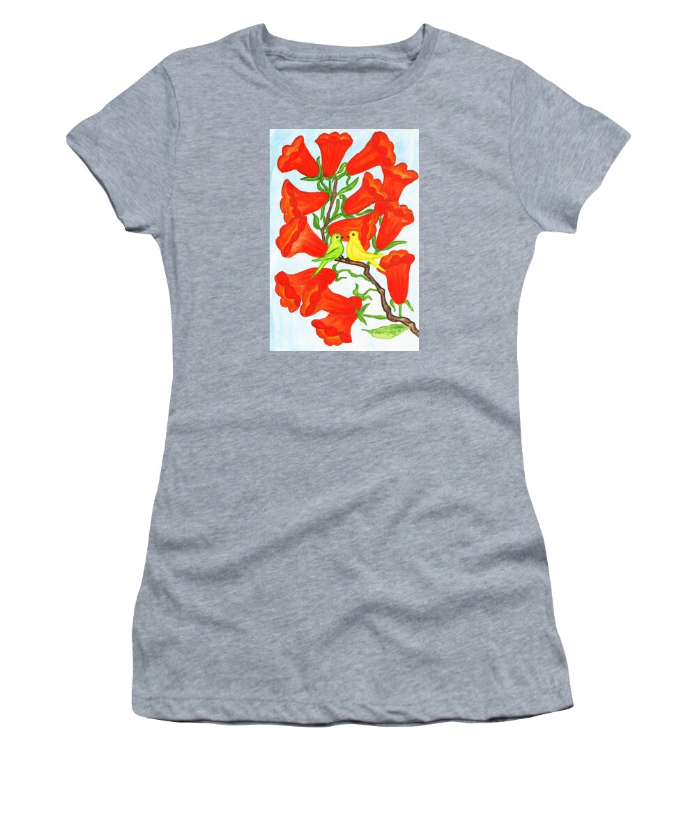 Art Women's T-Shirt featuring the painting Two birds on branch with flowers Campsis by Irina Afonskaya